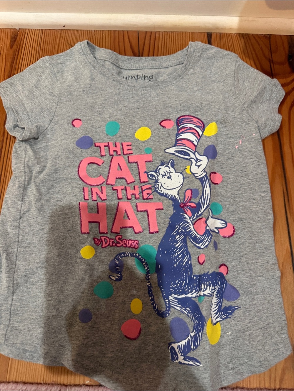 jumping beans Gray Tee with Pink Logo and Multicolor Cat in the Hat Graphic